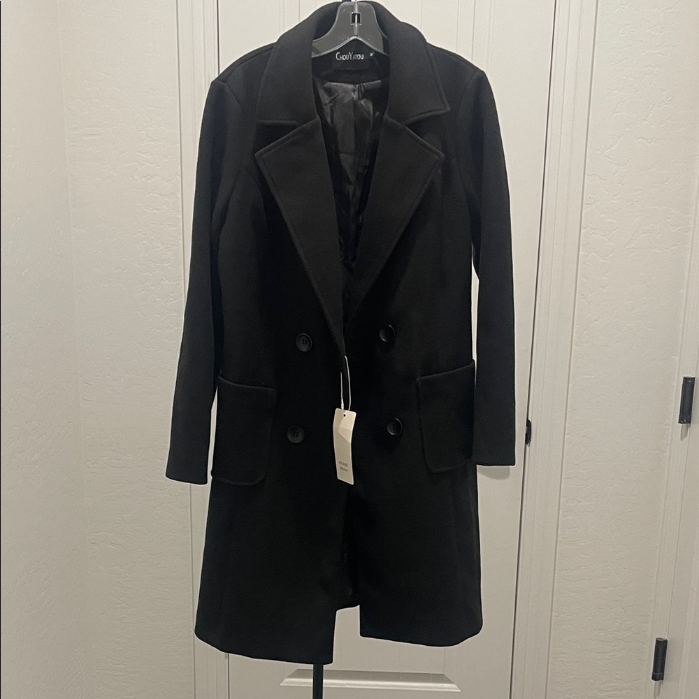 Chou Yatou Double Breasted Wool Blend Black Pea Coat Women’s Sz M with Pocket - Picture 5 of 16